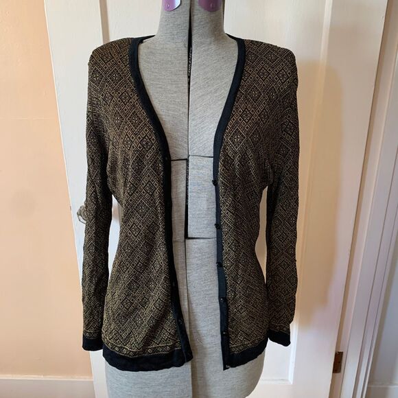 Cardigan Sz M Black Gold Diamond Pattern Knit Glass Buttons Art Deco Gatsby - Picture 1 of 6